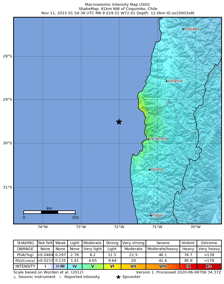 USGS ShakeMap: estimated shaking intensity around the epicenter