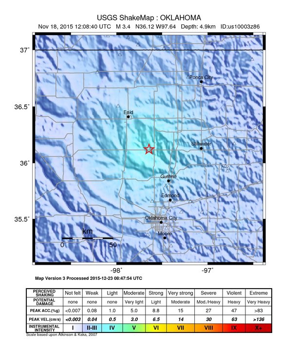 USGS ShakeMap: estimated shaking intensity around the epicenter