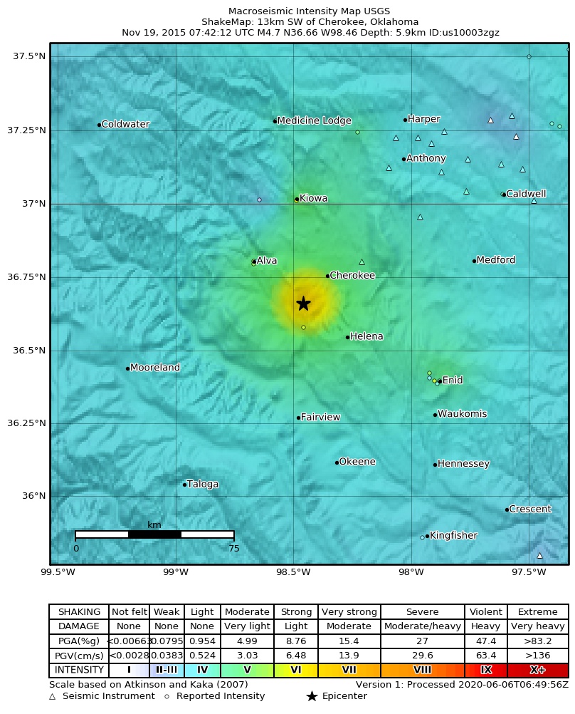 USGS ShakeMap: estimated shaking intensity around the epicenter
