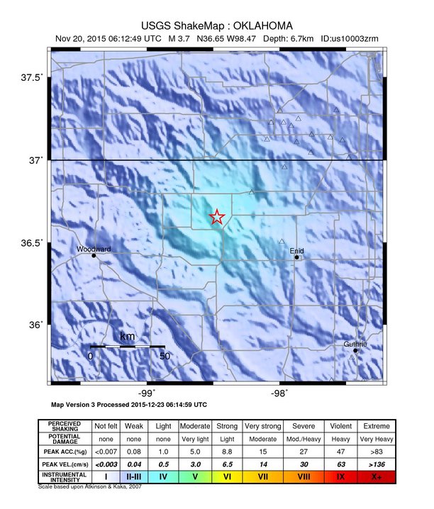 USGS ShakeMap: estimated shaking intensity around the epicenter