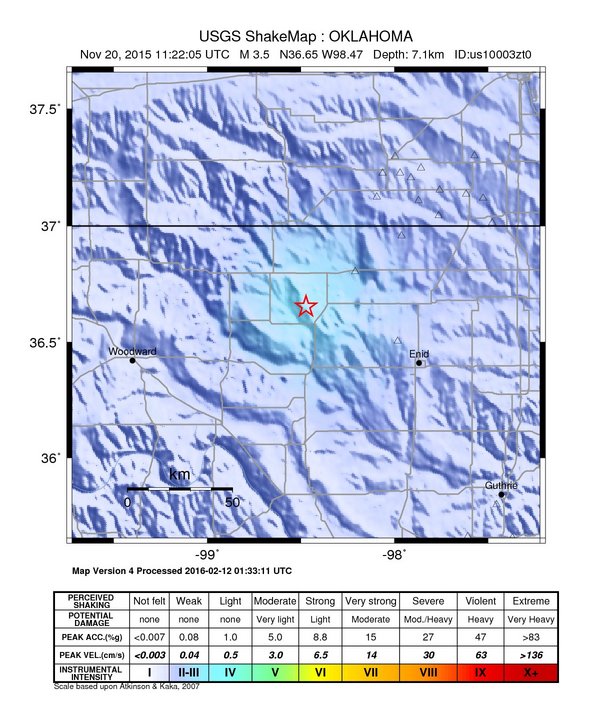 USGS ShakeMap: estimated shaking intensity around the epicenter