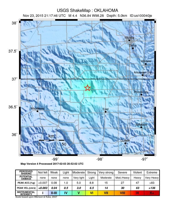 USGS ShakeMap: estimated shaking intensity around the epicenter
