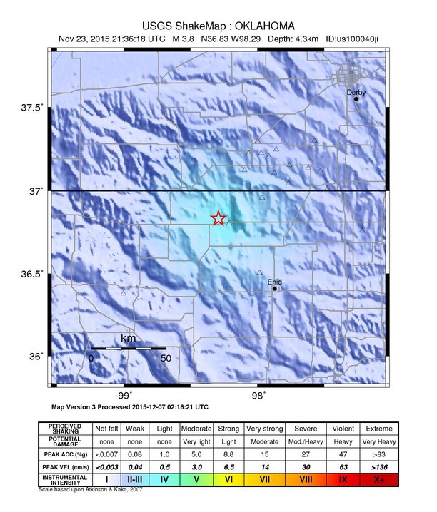 USGS ShakeMap: estimated shaking intensity around the epicenter