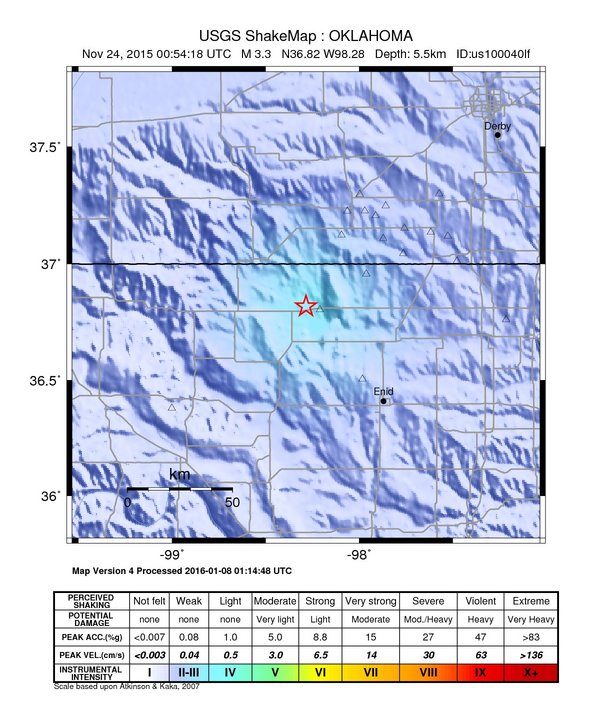 USGS ShakeMap: estimated shaking intensity around the epicenter