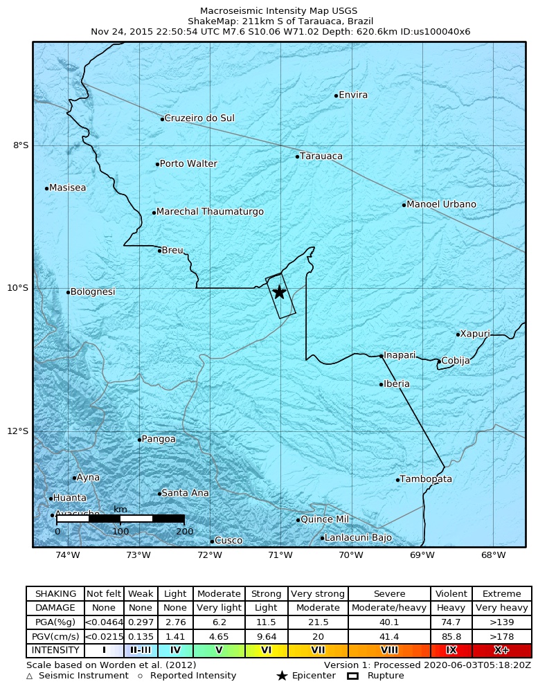 USGS ShakeMap: estimated shaking intensity around the epicenter