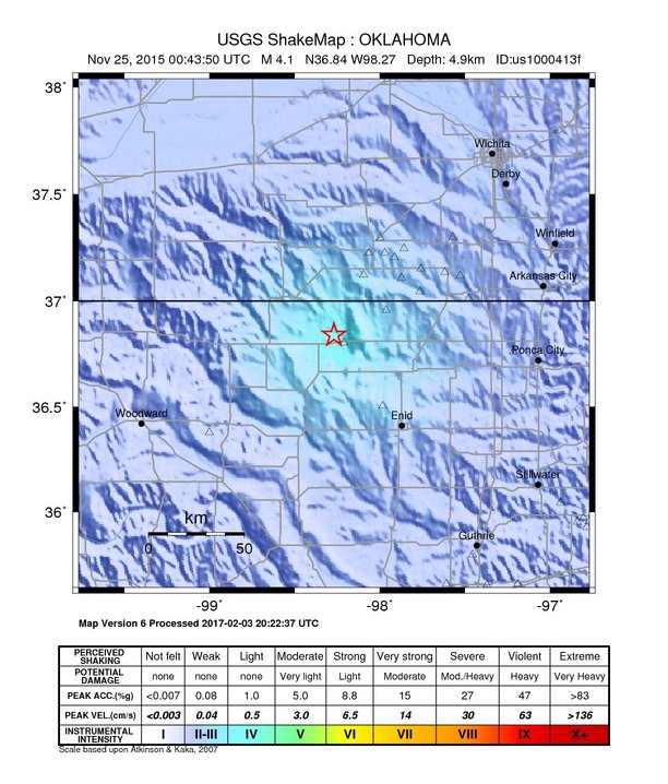 USGS ShakeMap: estimated shaking intensity around the epicenter