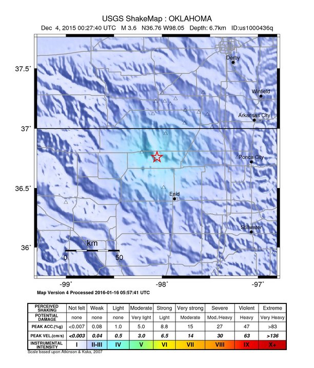 USGS ShakeMap: estimated shaking intensity around the epicenter