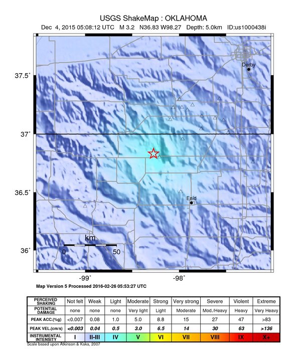 USGS ShakeMap: estimated shaking intensity around the epicenter