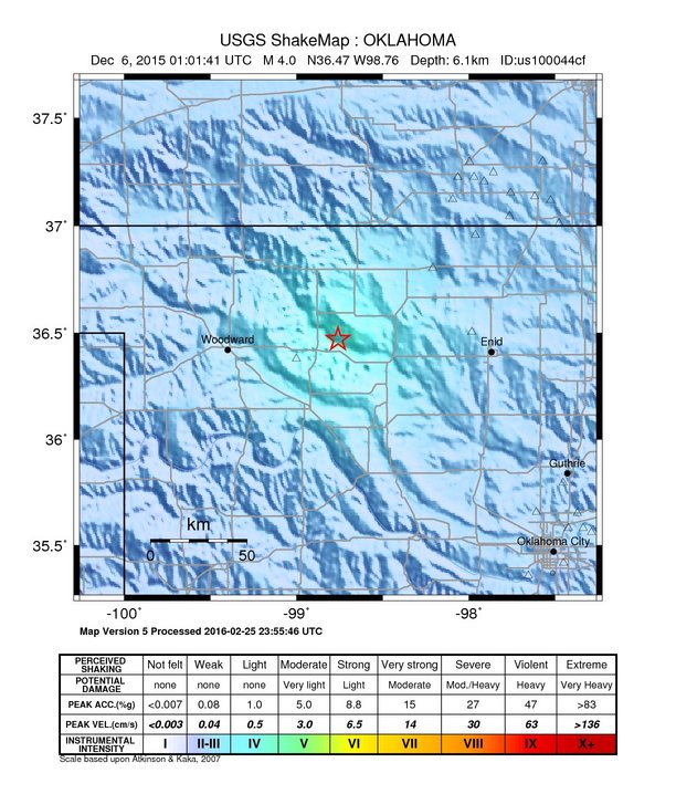 USGS ShakeMap: estimated shaking intensity around the epicenter