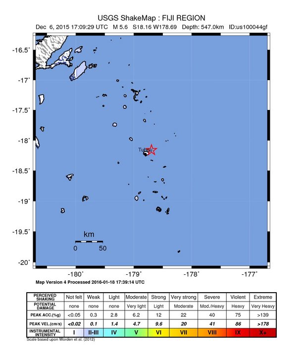 USGS ShakeMap: estimated shaking intensity around the epicenter
