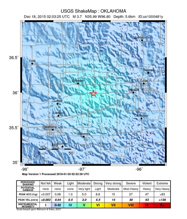 USGS ShakeMap: estimated shaking intensity around the epicenter