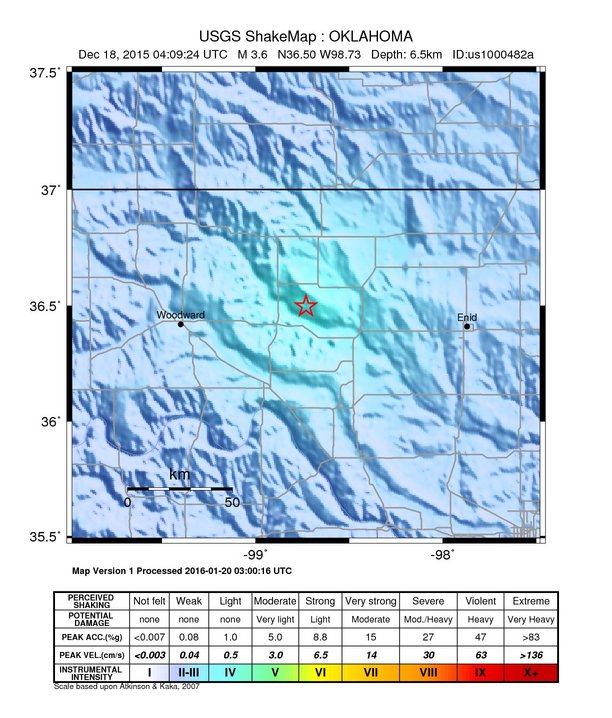 USGS ShakeMap: estimated shaking intensity around the epicenter