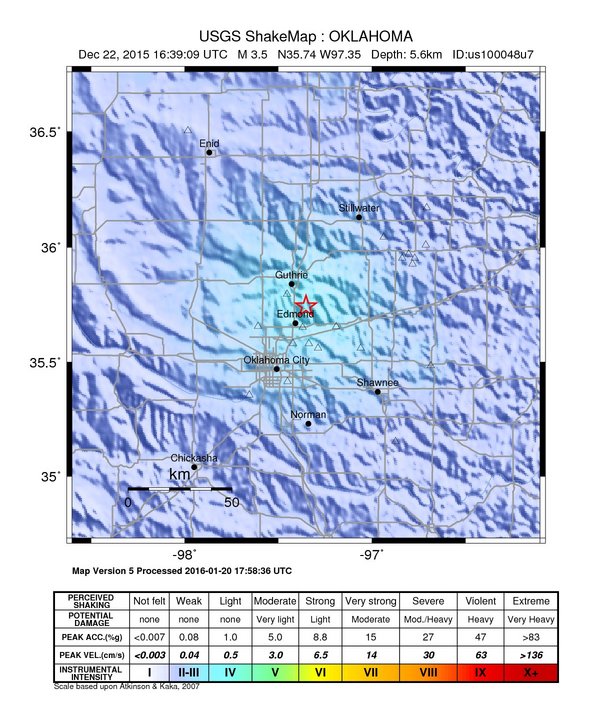 USGS ShakeMap: estimated shaking intensity around the epicenter