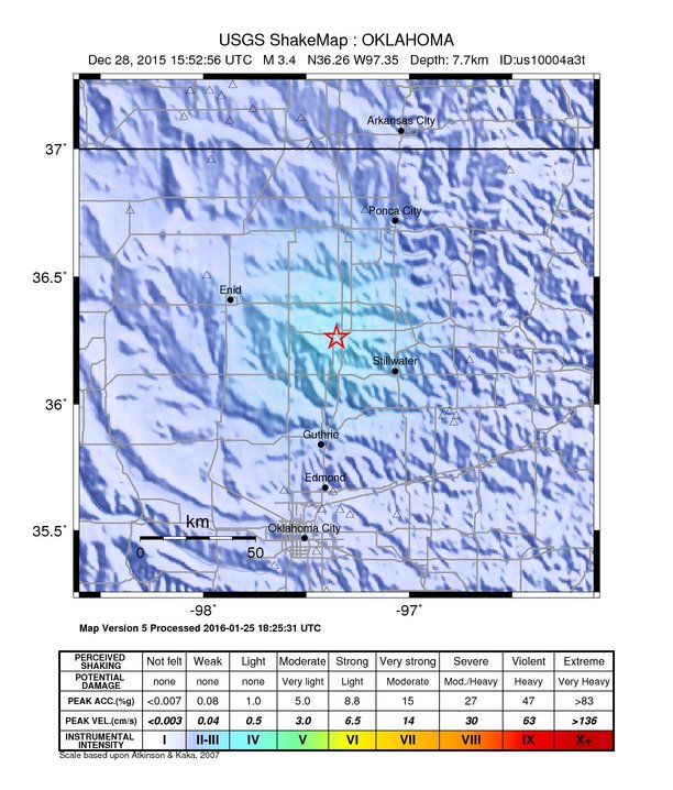 USGS ShakeMap: estimated shaking intensity around the epicenter