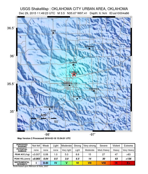 USGS ShakeMap: estimated shaking intensity around the epicenter
