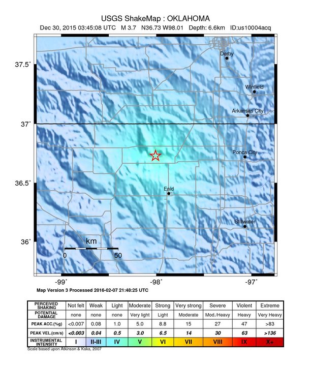 USGS ShakeMap: estimated shaking intensity around the epicenter
