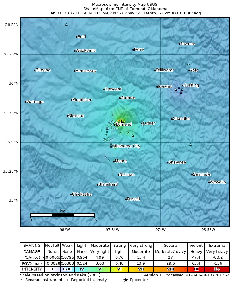 USGS ShakeMap: estimated shaking intensity around the epicenter