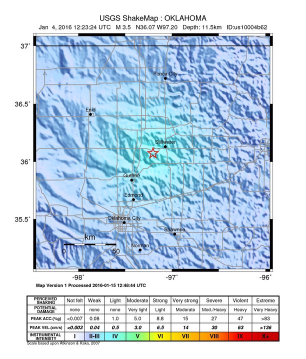 USGS ShakeMap: estimated shaking intensity around the epicenter