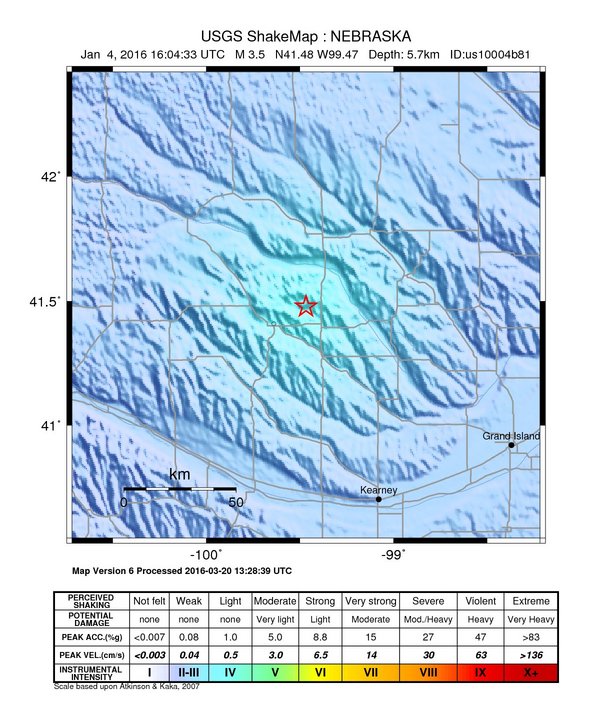 USGS ShakeMap: estimated shaking intensity around the epicenter