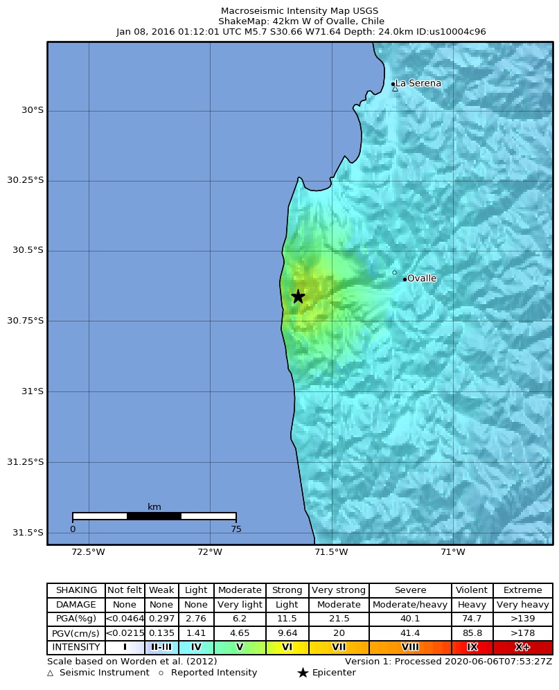 USGS ShakeMap: estimated shaking intensity around the epicenter