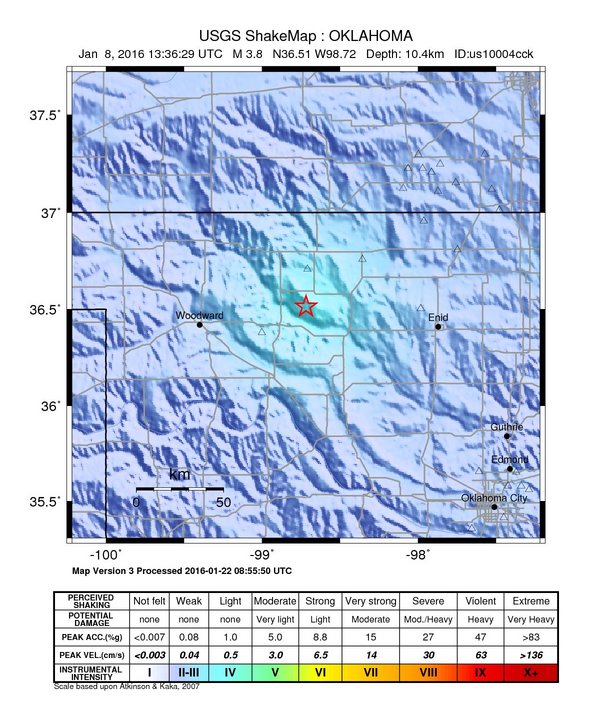 USGS ShakeMap: estimated shaking intensity around the epicenter
