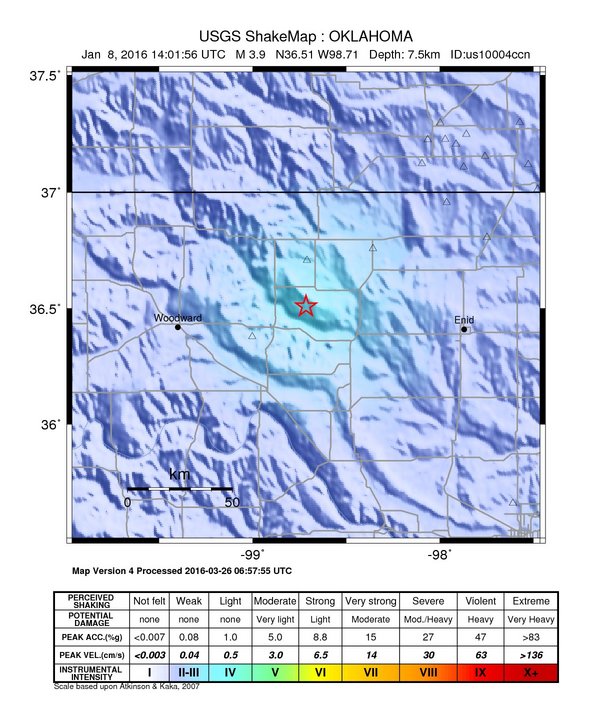 USGS ShakeMap: estimated shaking intensity around the epicenter