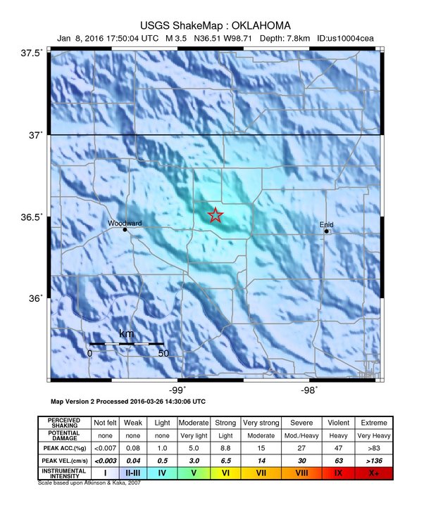 USGS ShakeMap: estimated shaking intensity around the epicenter