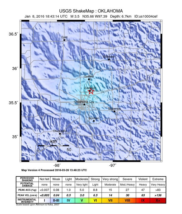 USGS ShakeMap: estimated shaking intensity around the epicenter