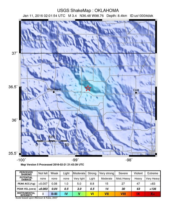 USGS ShakeMap: estimated shaking intensity around the epicenter