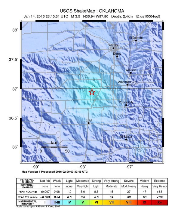 USGS ShakeMap: estimated shaking intensity around the epicenter