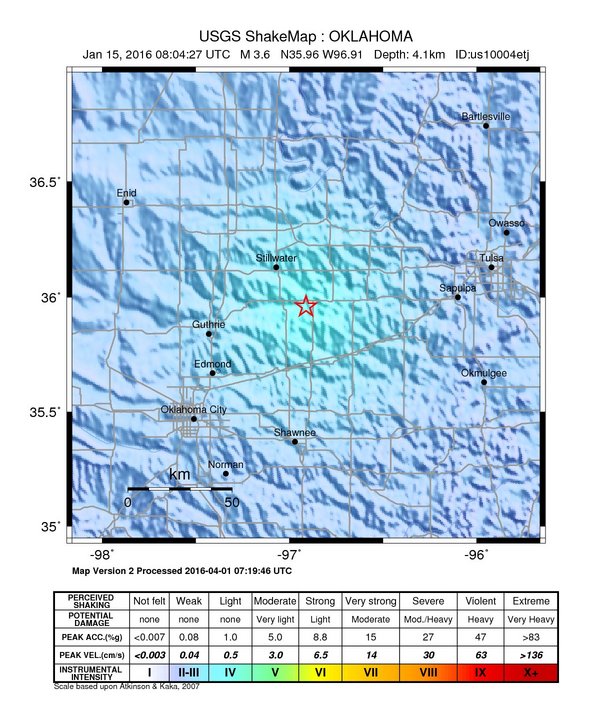 USGS ShakeMap: estimated shaking intensity around the epicenter