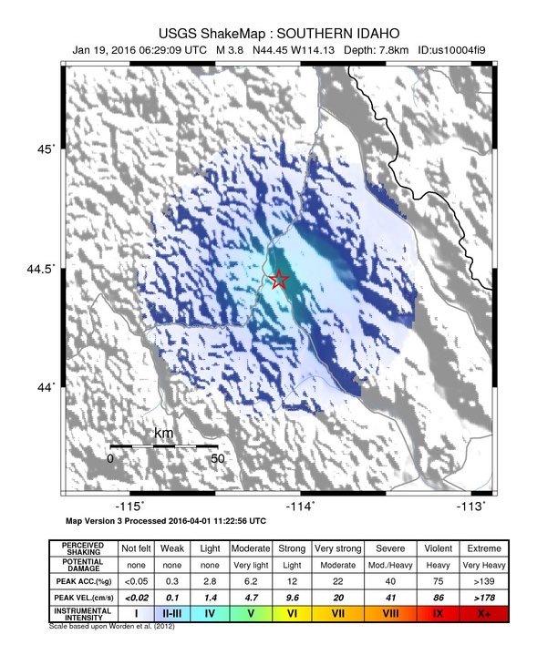 USGS ShakeMap: estimated shaking intensity around the epicenter