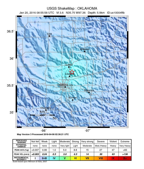 USGS ShakeMap: estimated shaking intensity around the epicenter