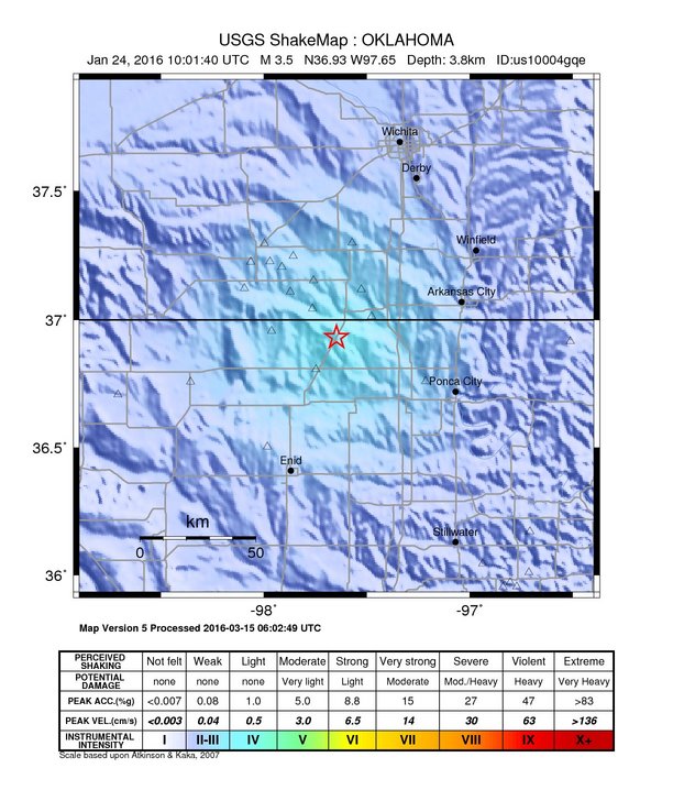 USGS ShakeMap: estimated shaking intensity around the epicenter