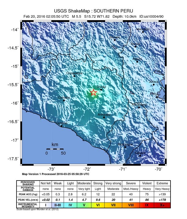 USGS ShakeMap: estimated shaking intensity around the epicenter