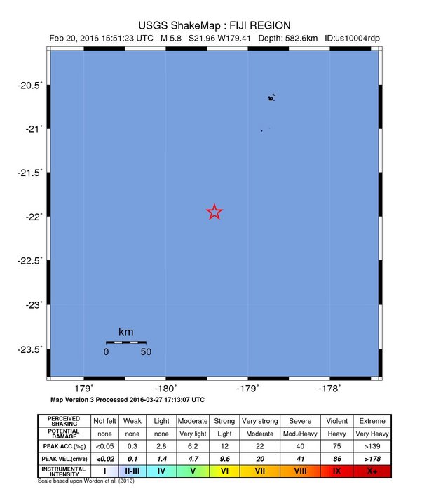 USGS ShakeMap: estimated shaking intensity around the epicenter