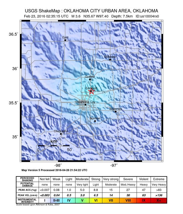 USGS ShakeMap: estimated shaking intensity around the epicenter