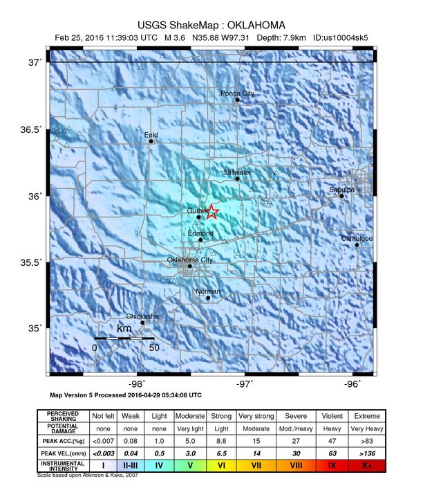 USGS ShakeMap: estimated shaking intensity around the epicenter