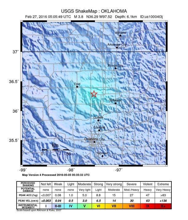 USGS ShakeMap: estimated shaking intensity around the epicenter