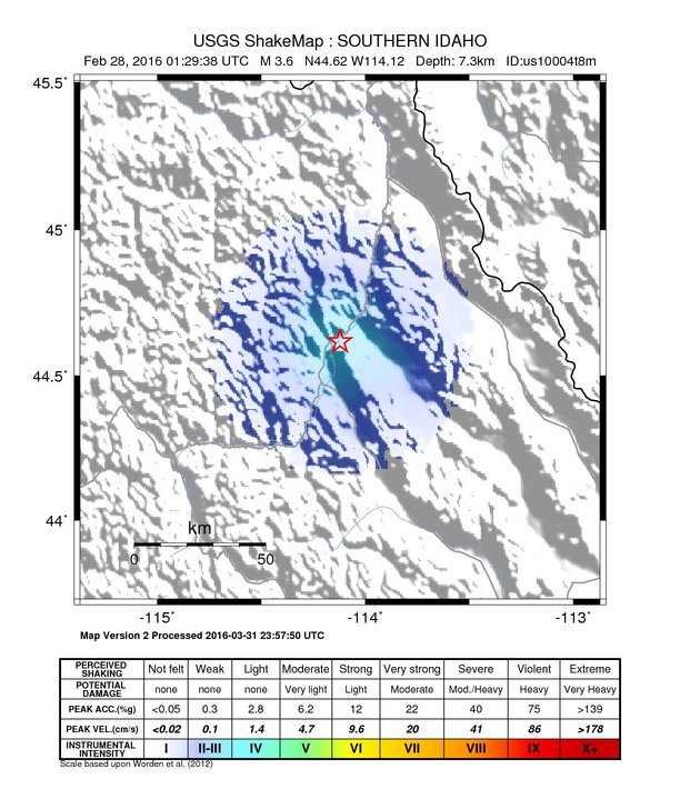 USGS ShakeMap: estimated shaking intensity around the epicenter
