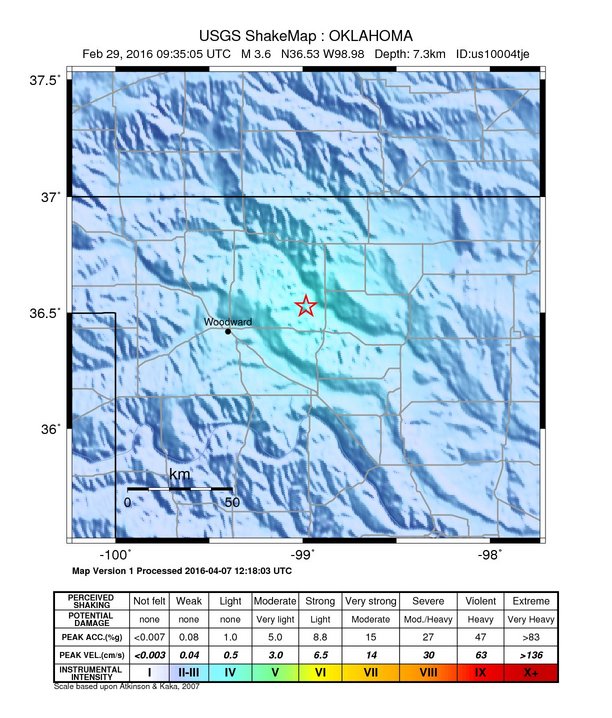 USGS ShakeMap: estimated shaking intensity around the epicenter