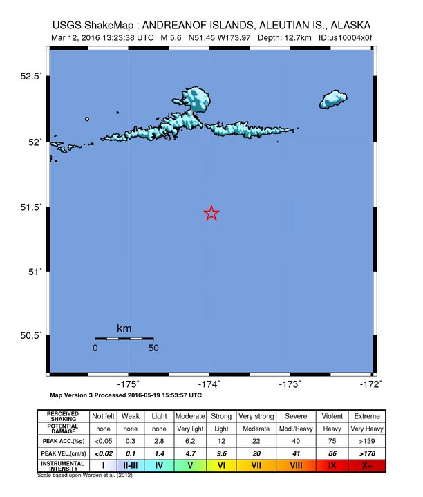 USGS ShakeMap: estimated shaking intensity around the epicenter