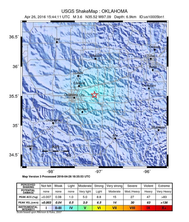 USGS ShakeMap: estimated shaking intensity around the epicenter