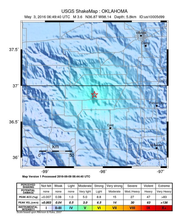 USGS ShakeMap: estimated shaking intensity around the epicenter