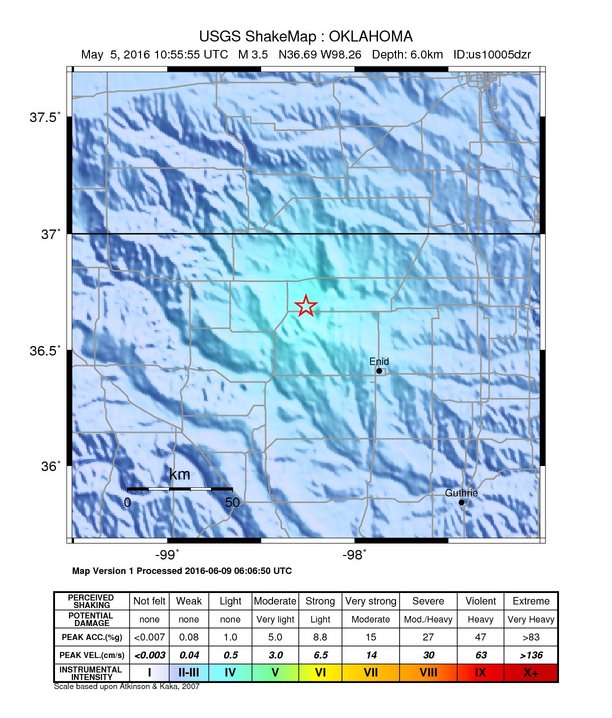 USGS ShakeMap: estimated shaking intensity around the epicenter