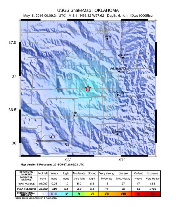 USGS ShakeMap: estimated shaking intensity around the epicenter