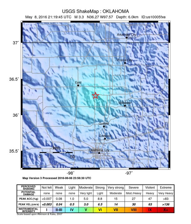USGS ShakeMap: estimated shaking intensity around the epicenter