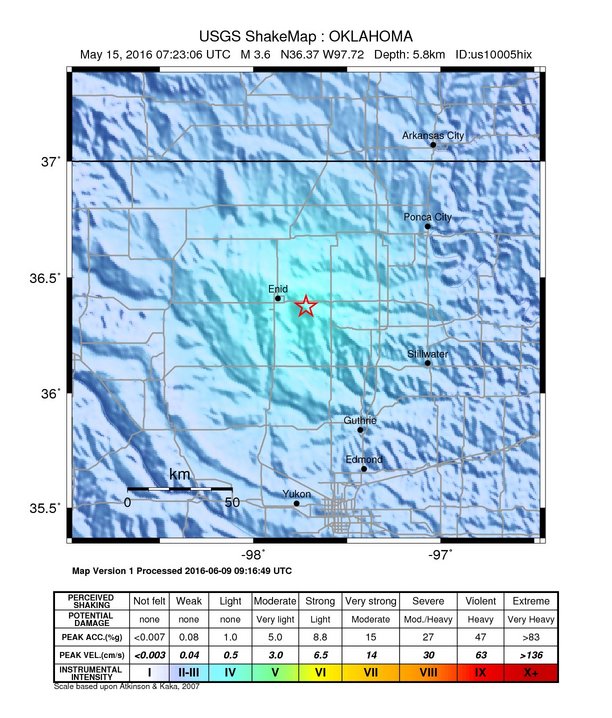 USGS ShakeMap: estimated shaking intensity around the epicenter