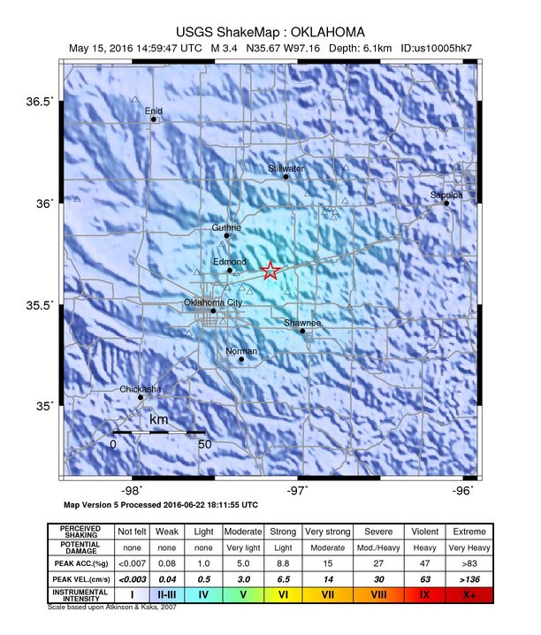 USGS ShakeMap: estimated shaking intensity around the epicenter