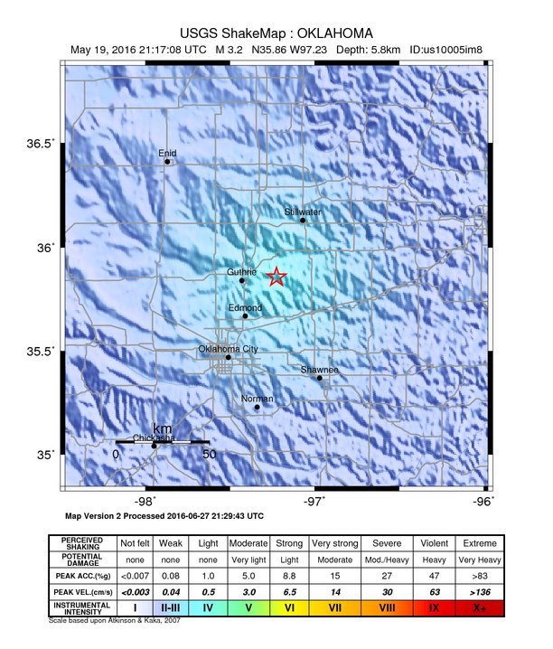USGS ShakeMap: estimated shaking intensity around the epicenter
